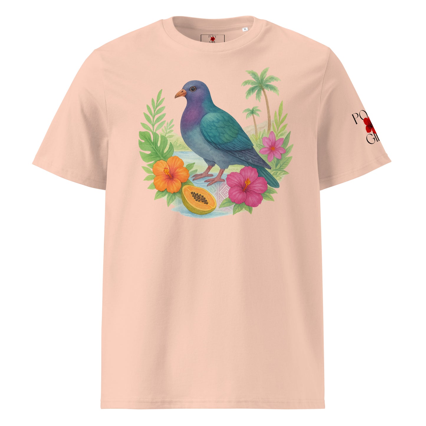 Lupe of the Islands design printed on a white Poly Girl t-shirt, featuring watercolor pigeon, hibiscus flowers, and papaya.