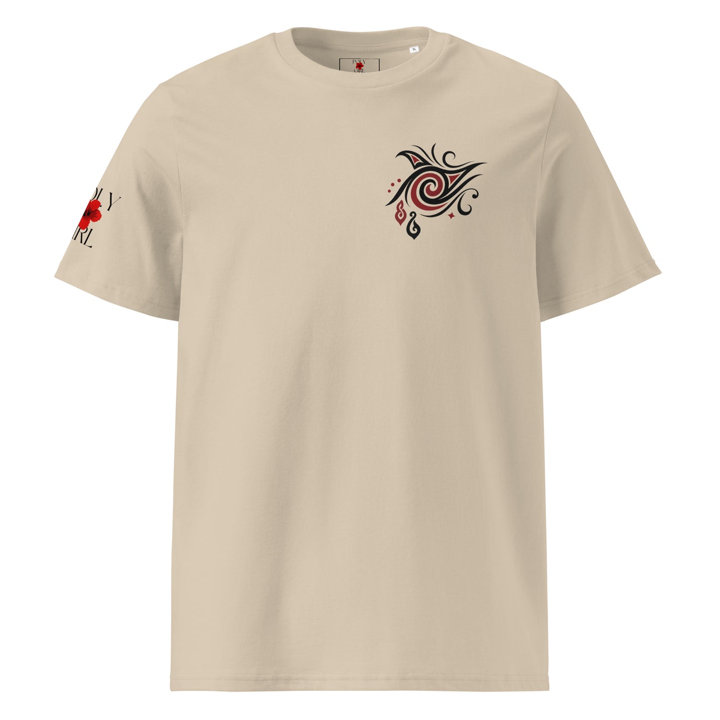 Aroha Mai Aroha Atu t-shirt with Māori-inspired design outdoors by Poly Girl