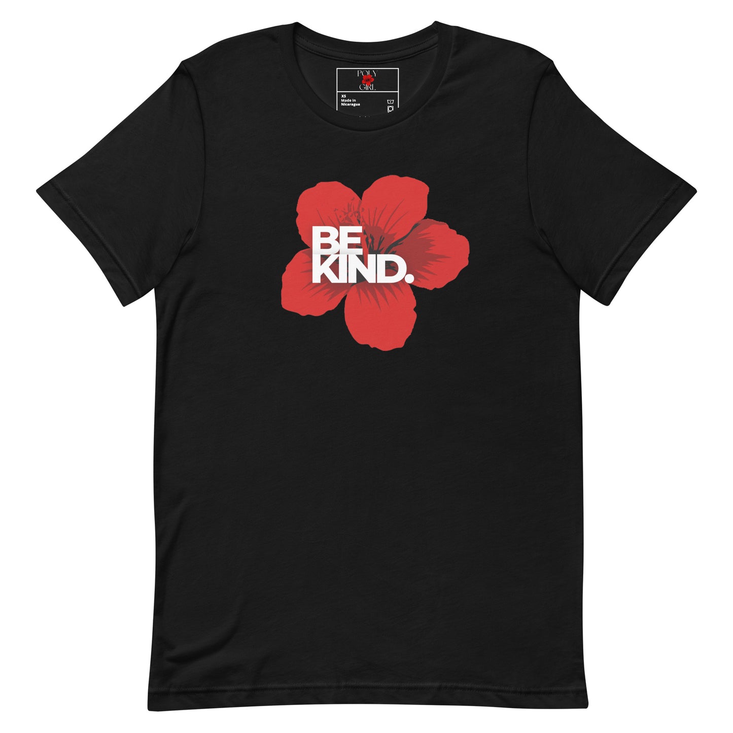 Ladie's Tshirt with red hibiscus and the words "Be Kind" written on it on the front, by Poly Girl, The Island Girl's Brand.