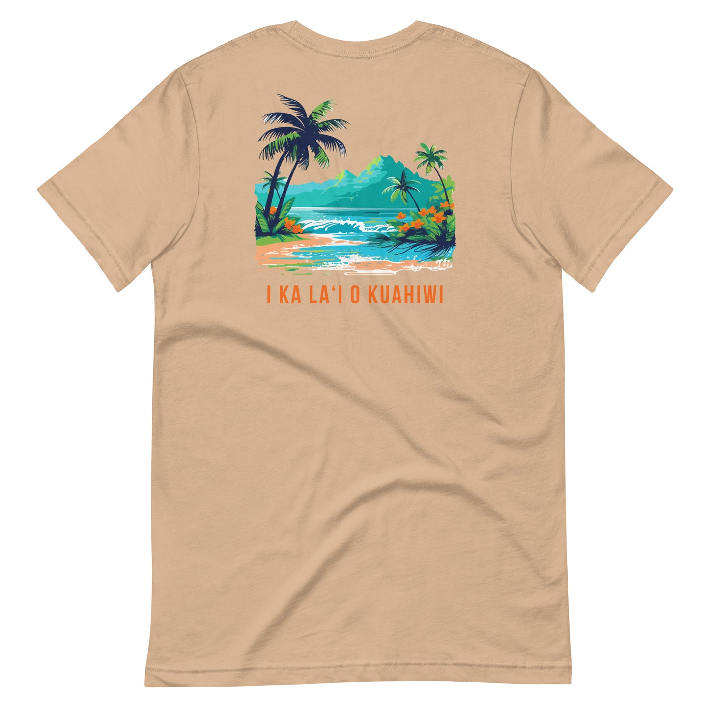Beige T-shirt with Hawaiian Message "I Ka La'i O Kuahiwi" by Poly Girl . Finding peace quiet moments in the mountains.
