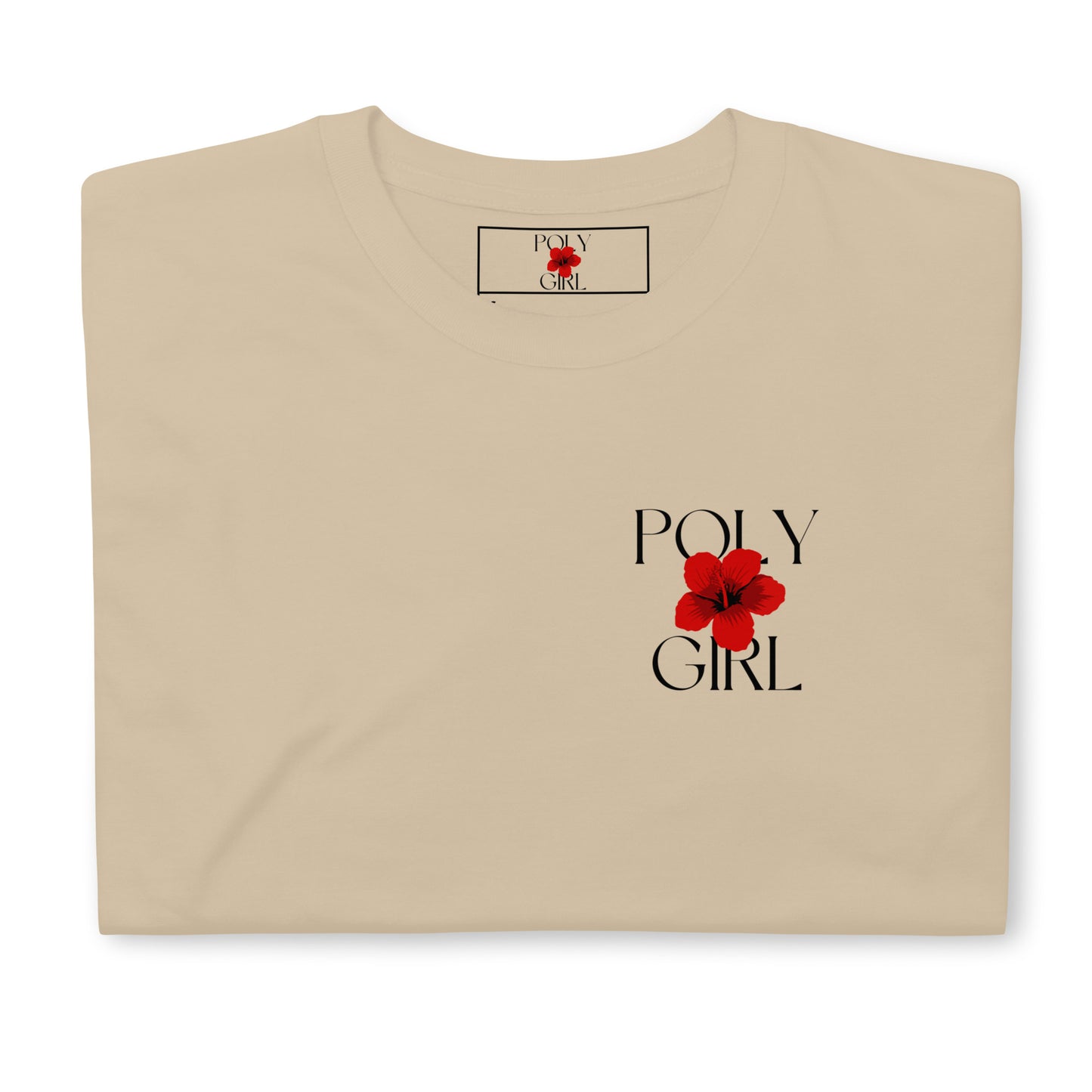 Poly Girl logo on front of beige shirt