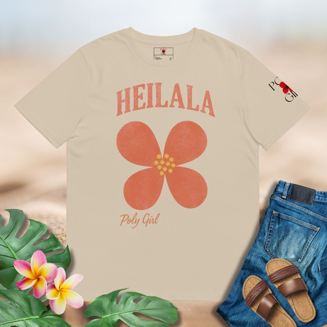 Beige t-shirt with red heilala flower and Poly Girl text