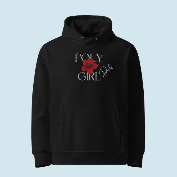Black hoodie with Girl Dad design on a light blue background