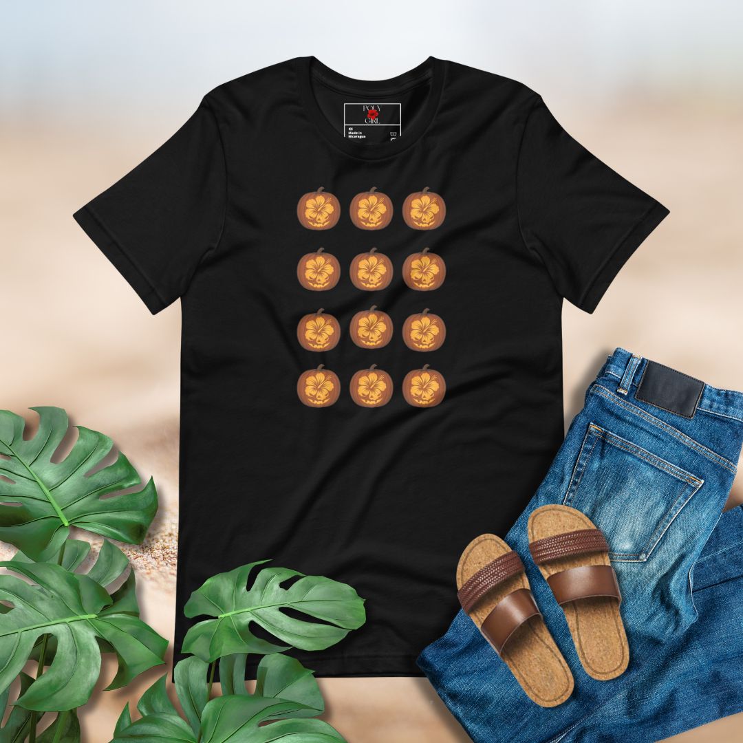 Poly Girl hibiscus jack-o’-lantern Halloween black shirt with tropical twist