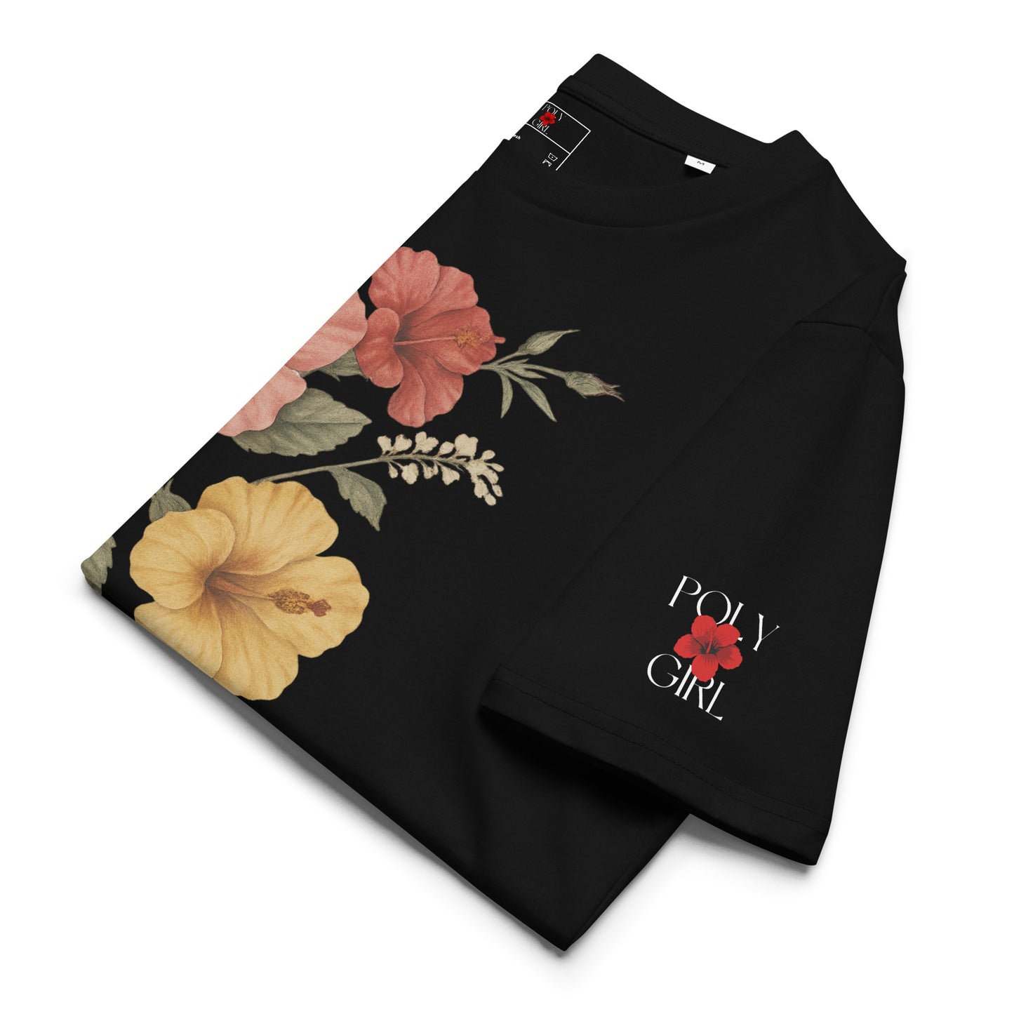 Black tee featuring tropical hibiscus bouquet artwork on front and Poly Girl ogo on left sleeve.