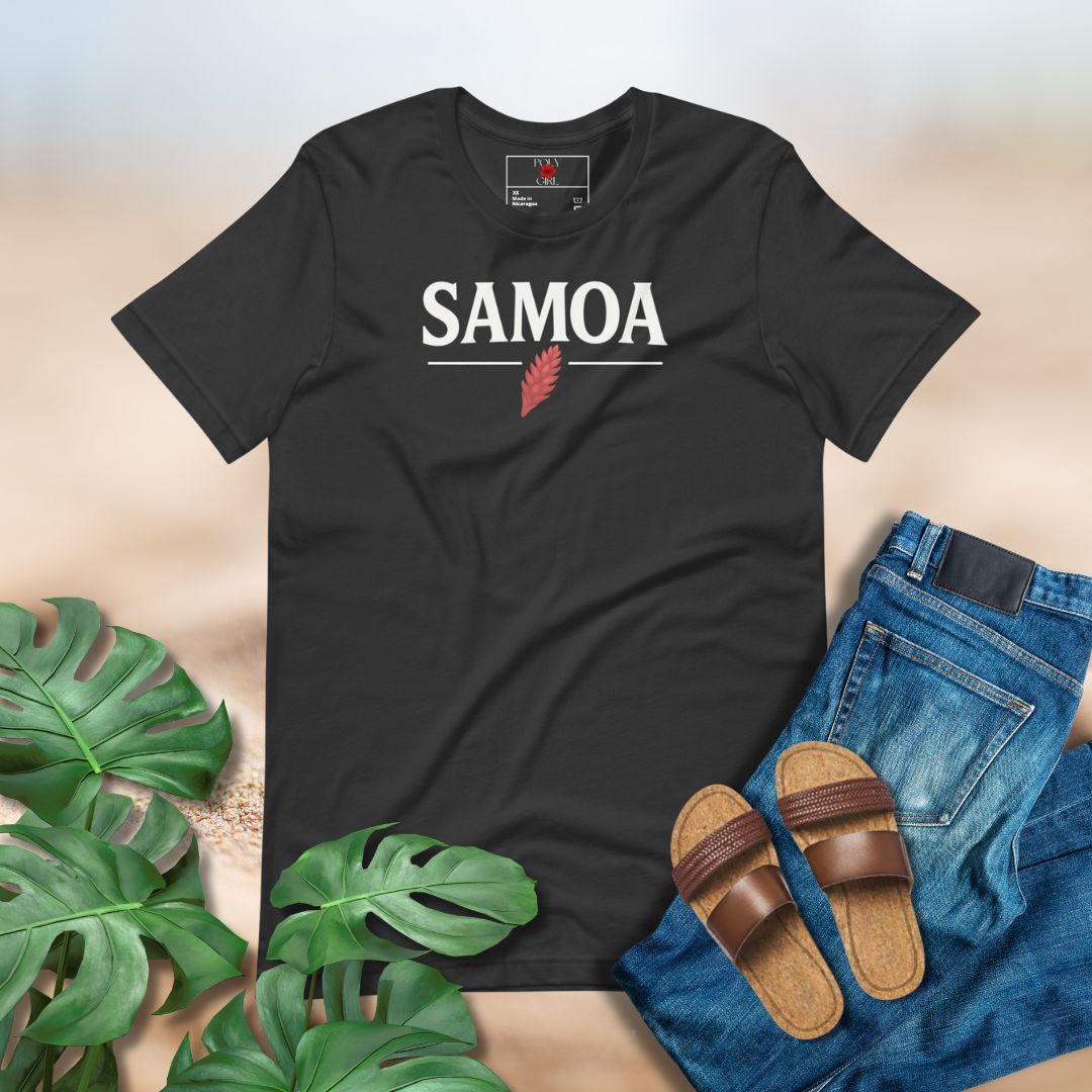 Black t-shirt with 'SAMOA' text, paired with jeans and sandals on a neutral background.