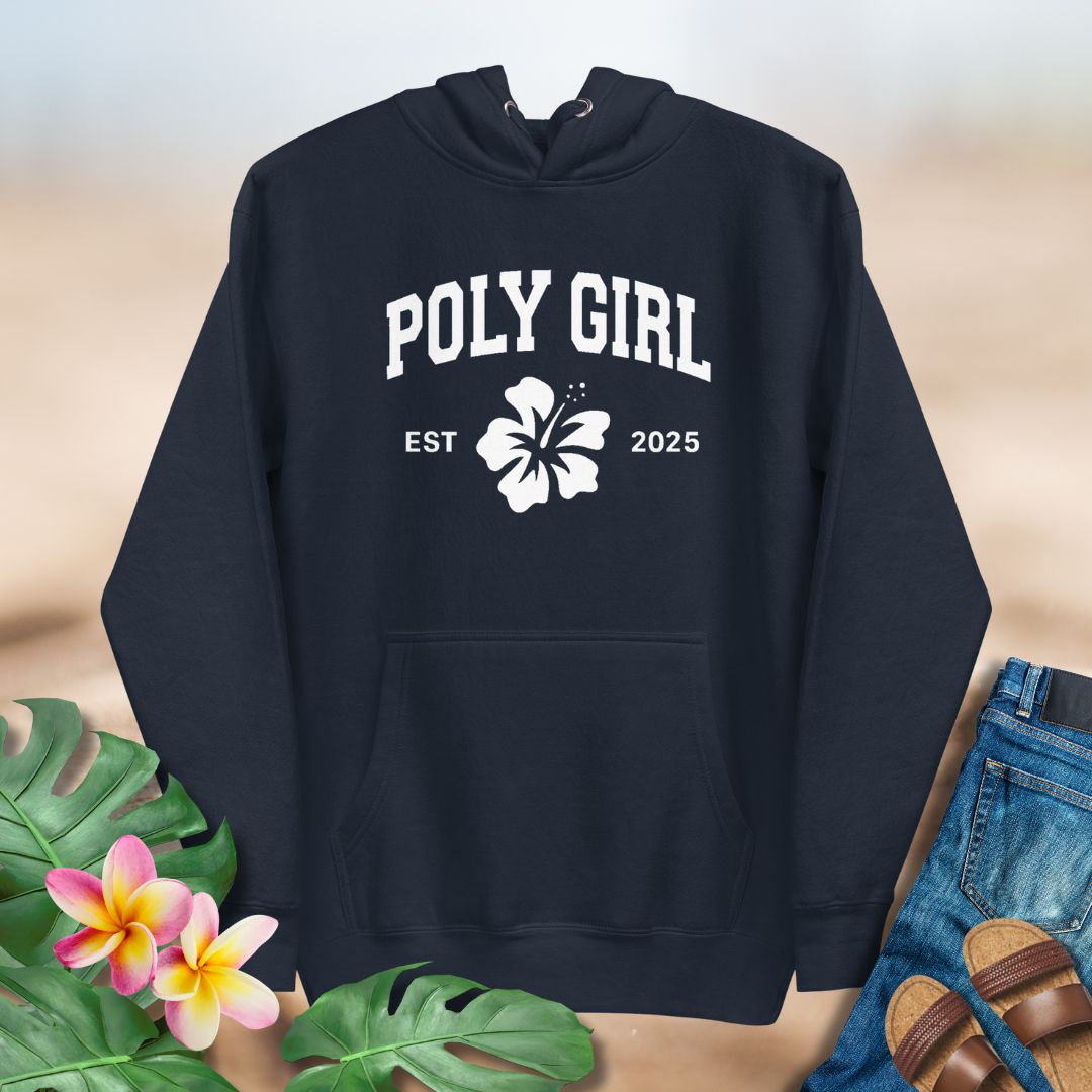 Black hoodie with 'Poly Girl' text and flower design on a neutral background