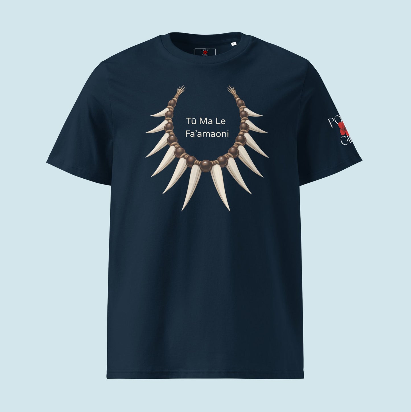 Blue Nito Tee with nifo Ito design and Tu Ma Le Fa'amaoni text