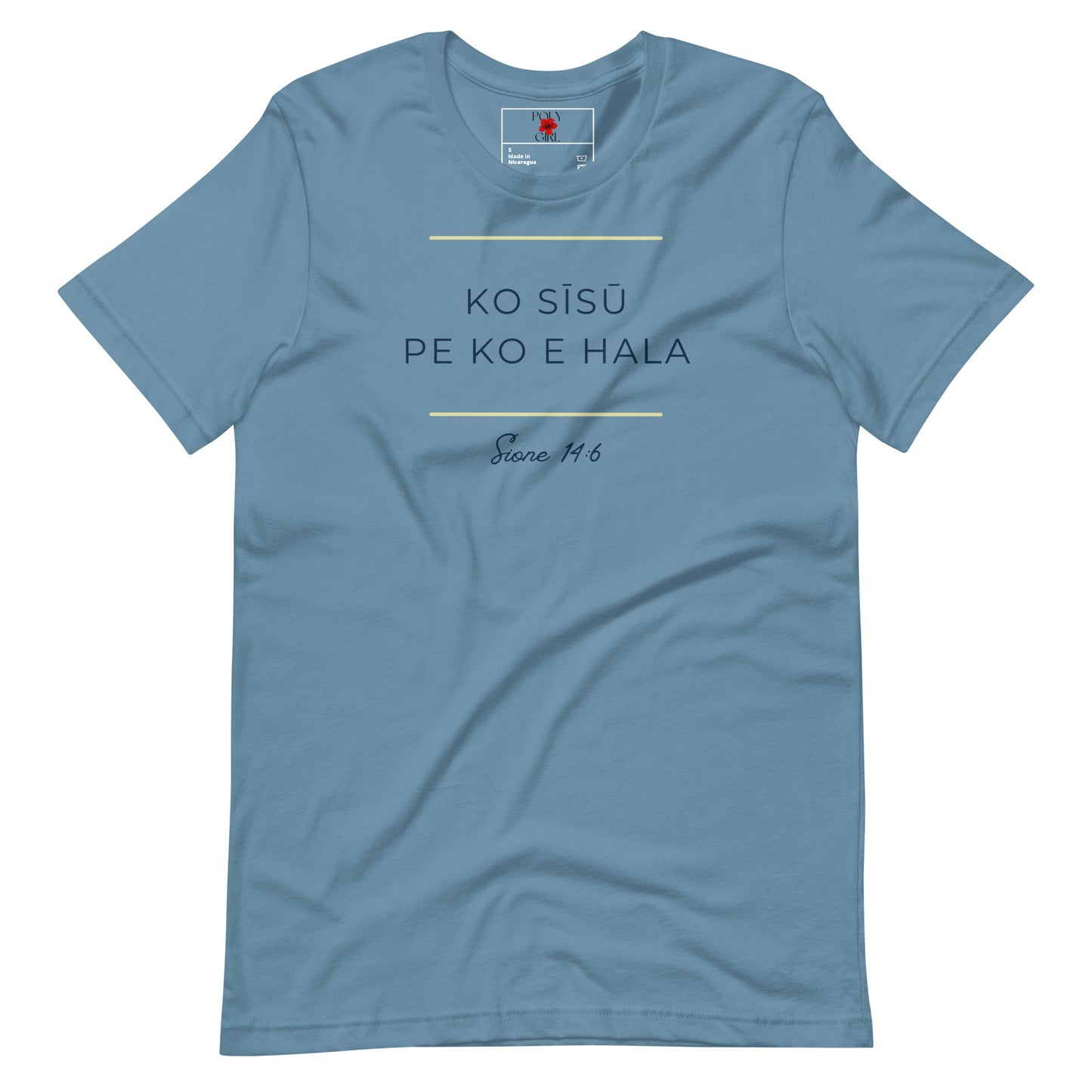 Blue T-shirt with Tongan message "Ko Sisu Pe K e Hala" by Poly Girl