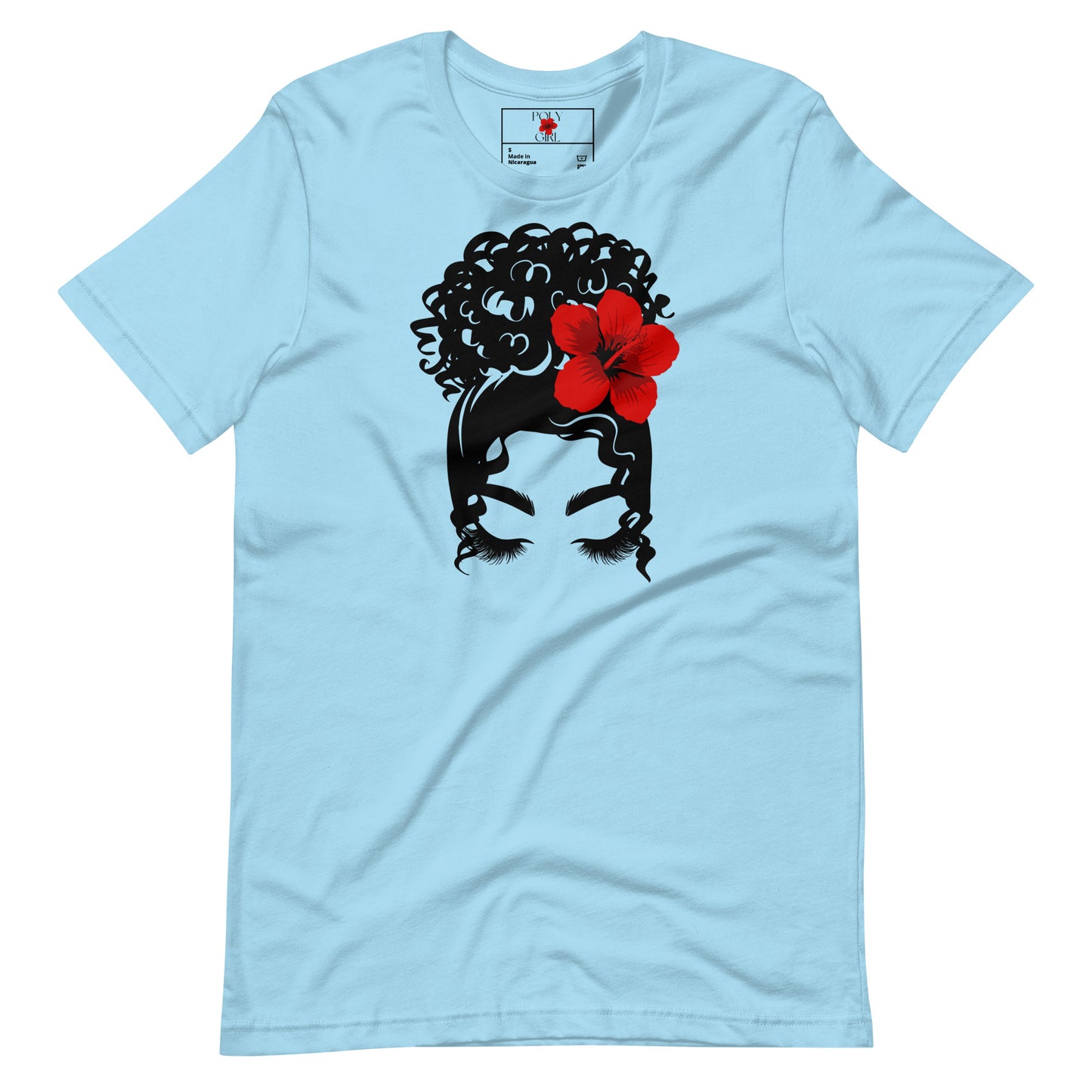 Blue T-shirt featuring a woman with an updo and red hibiscus sei in her hair. Designed by Poly Girl, The Island Girl's Brand.