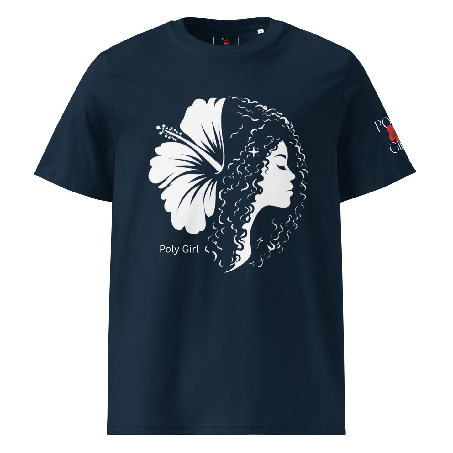 Blue Duality Tshirt by Poly girl design of a woman's profile on one side and hibiscus floral on the other