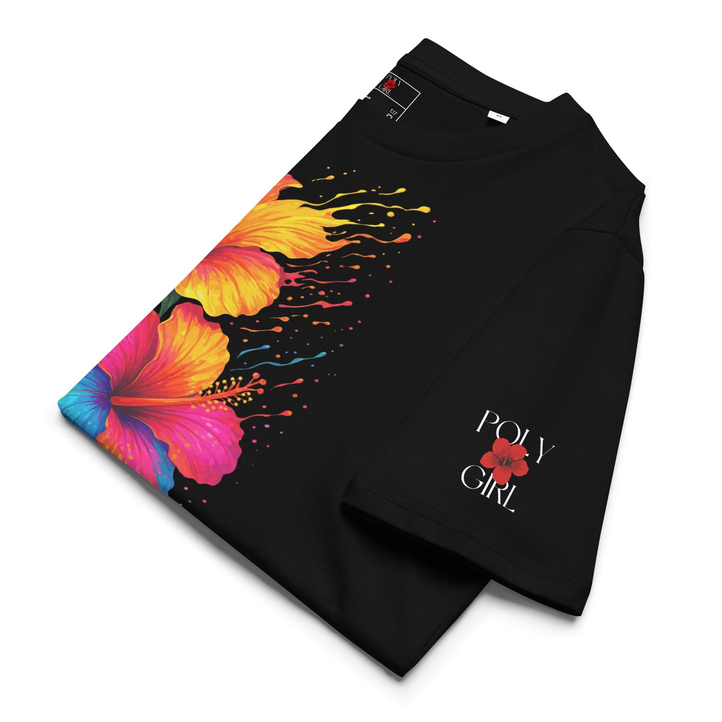 Bright, tropical hibiscus artwork bursting with energy on a sleek black Poly Girl t-shirt.