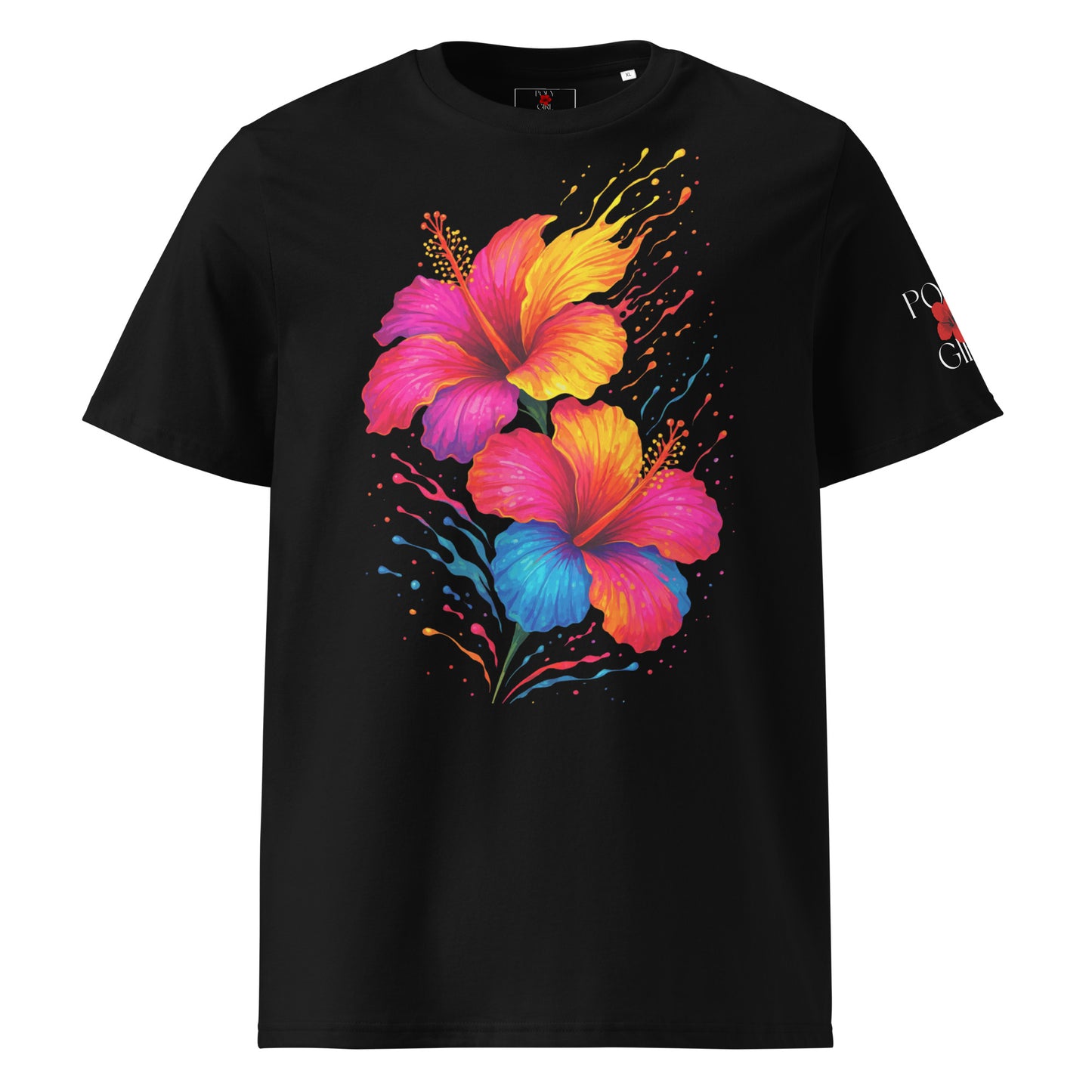 A bold hibiscus splash design in electric tones of pink, yellow, and blue decorates the front of a black Poly Girl shirt.