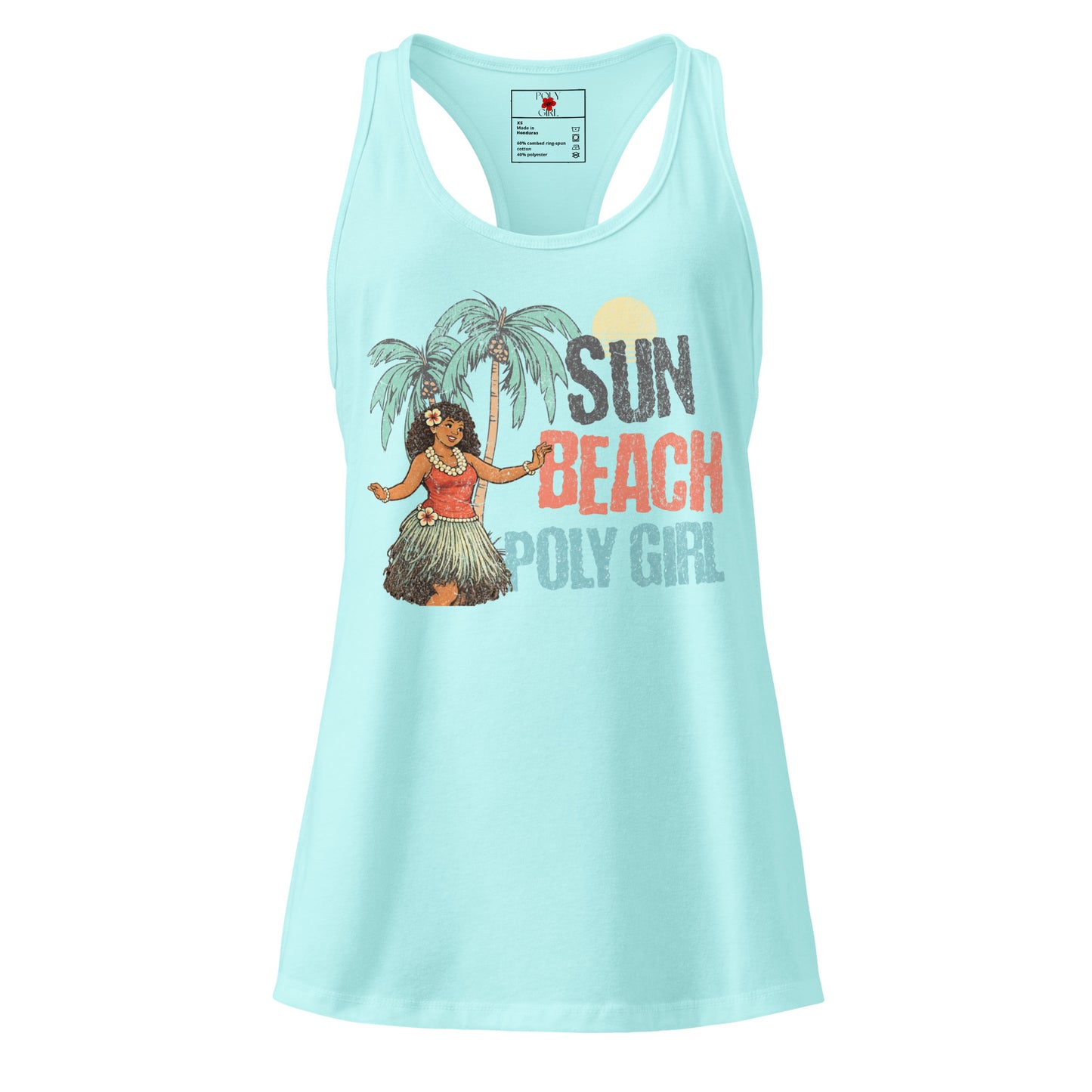 Cancun Blue Color Racerback Tank Top with Sun Beach Poly Girl design