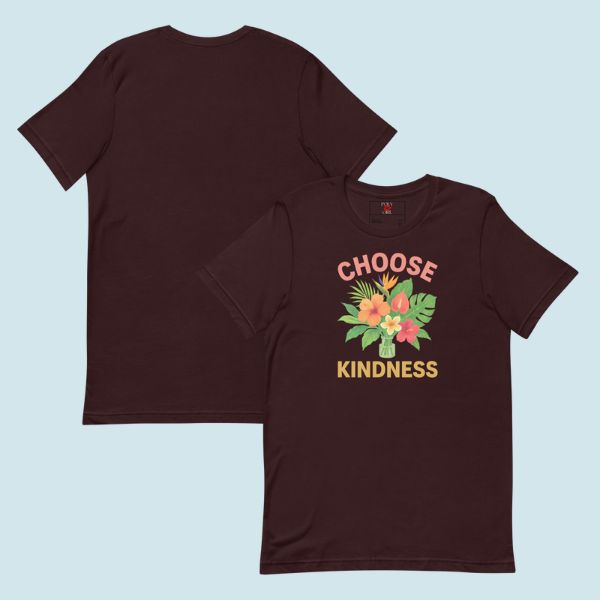Brown t-shirt with 'Choose Kindness' graphic on a light blue background