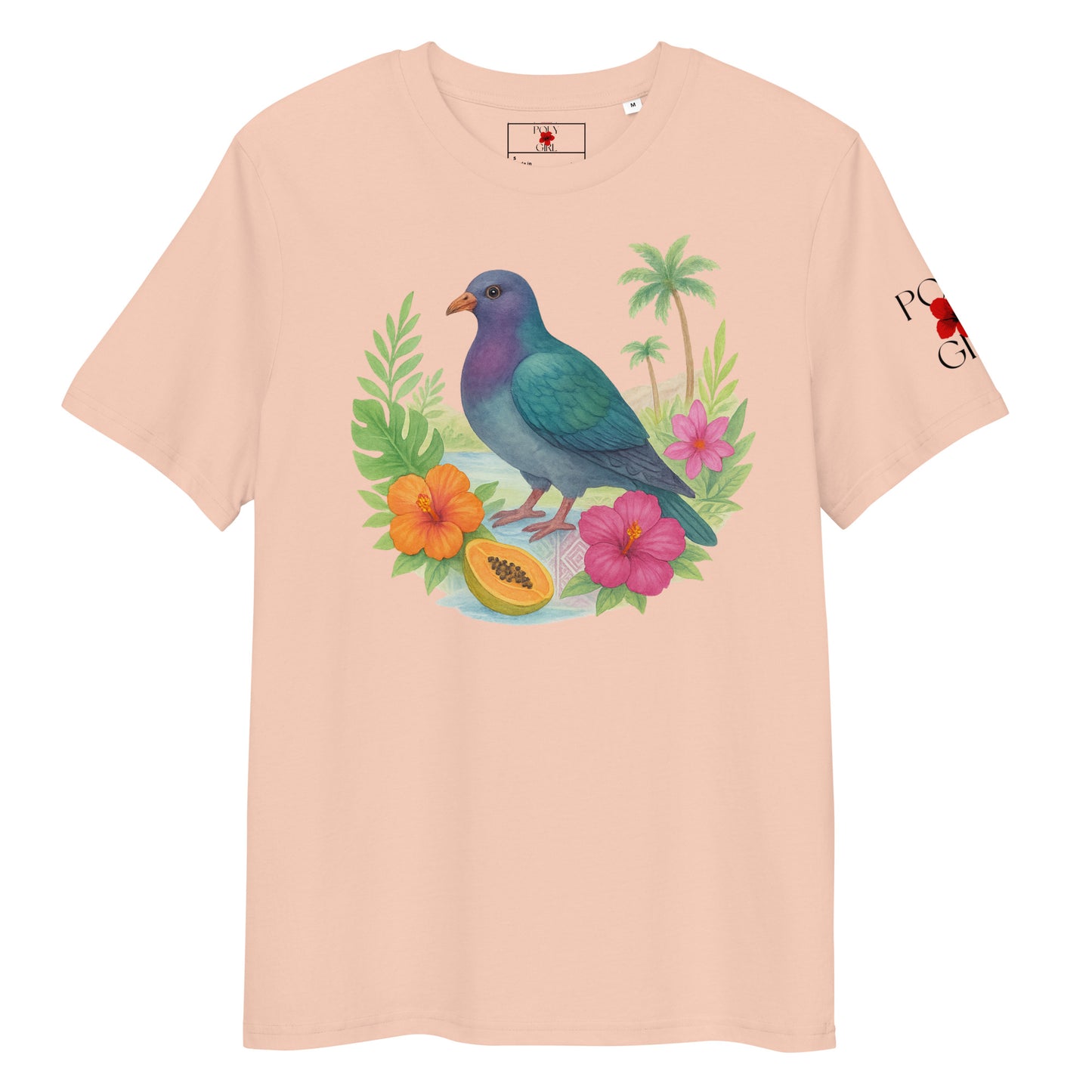 Close-up of the pigeon’s colorful feathers and the vivid orange and pink hibiscus blossoms that highlight the design.