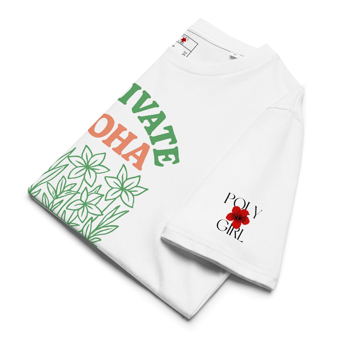 Cultivate Aloha tee with Poly Girl logo on left sleeve