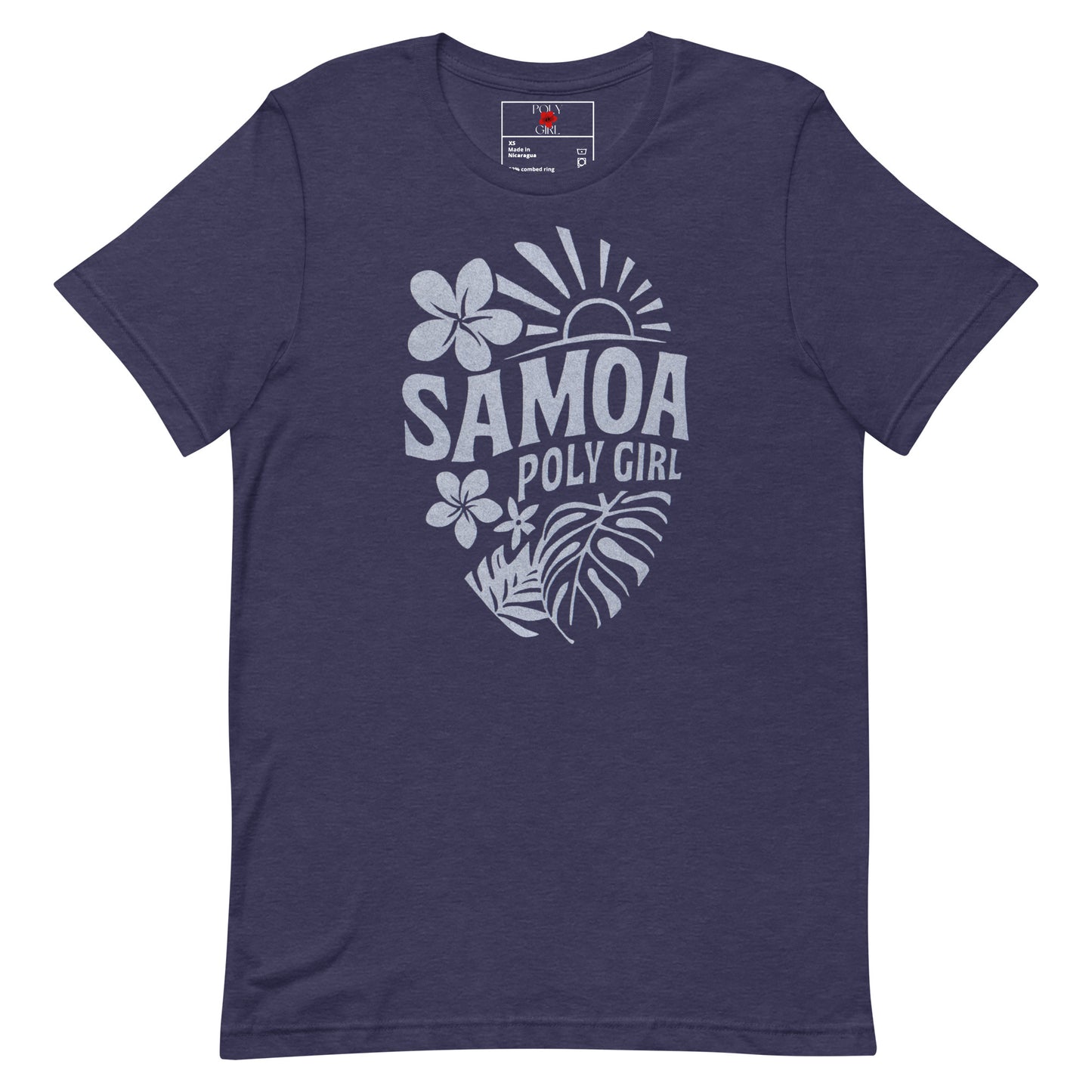 Distressed Samoa Poly Girl tee in island style featuring bold lettering and floral graphics.