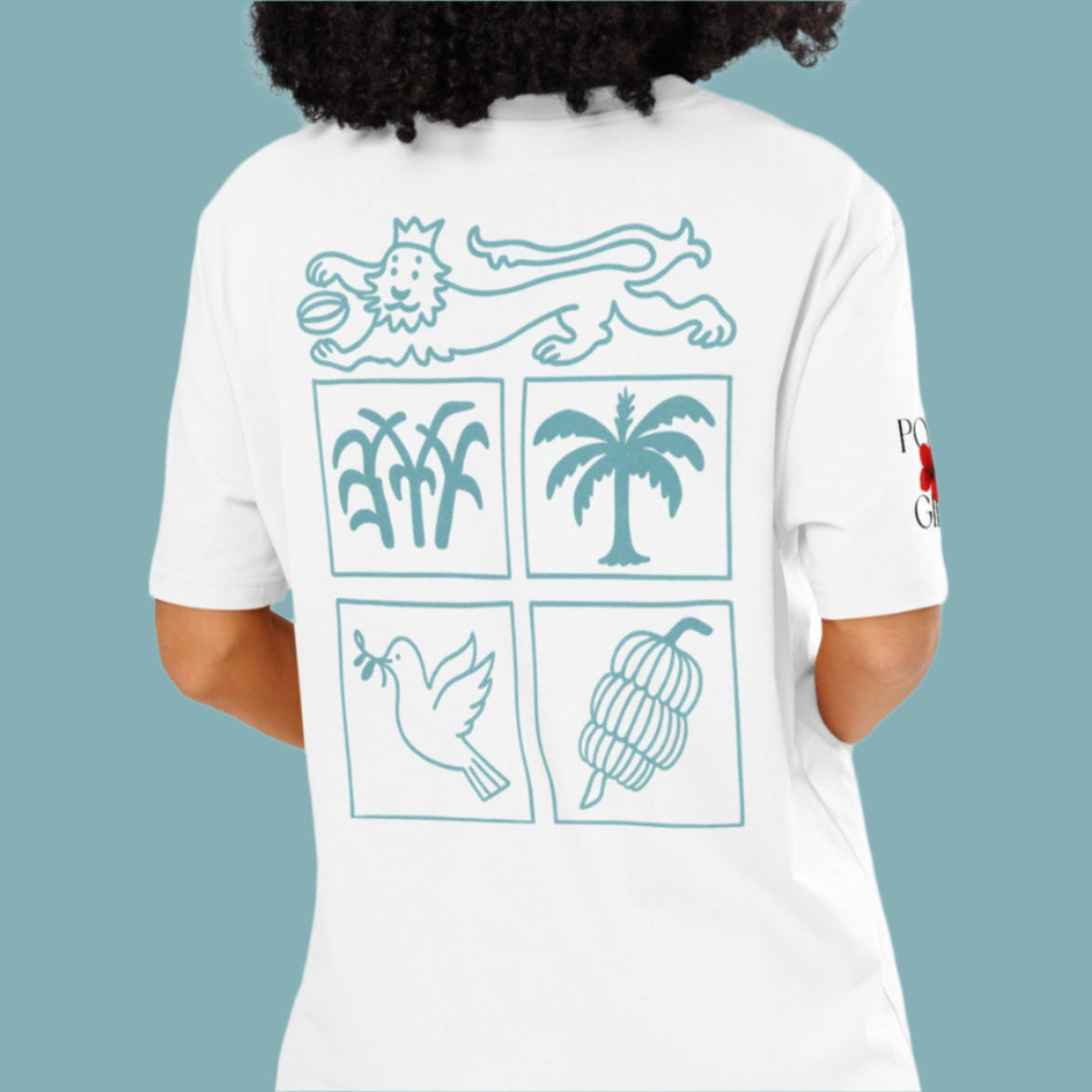 Woman wearing white tshirt with the Fiji Shield in minimalistic design motifs on back of shirt