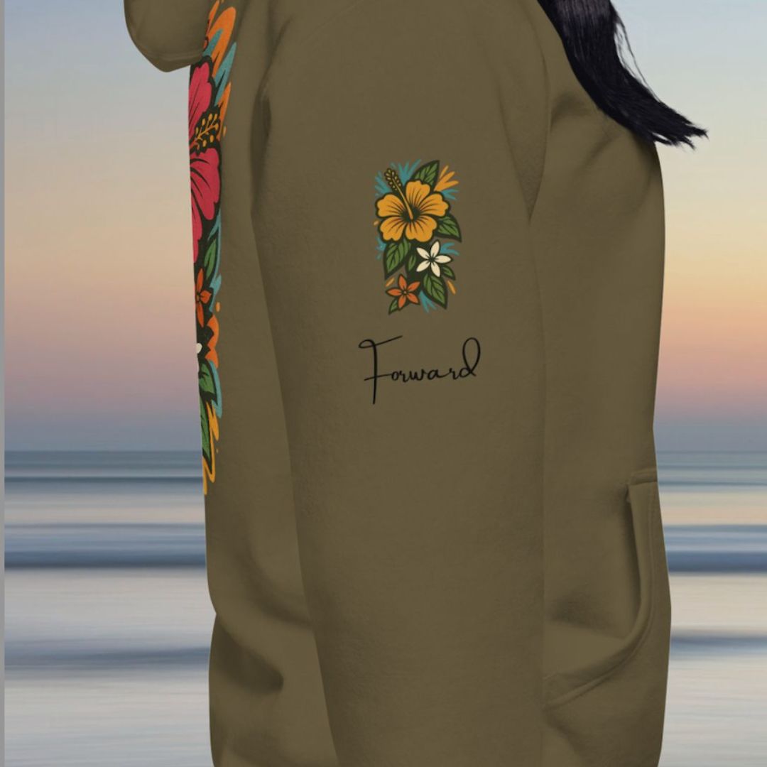Model wearing Aga‘i i luma hoodie, symbolizing forward movement and Pacific Islander cultural strength.