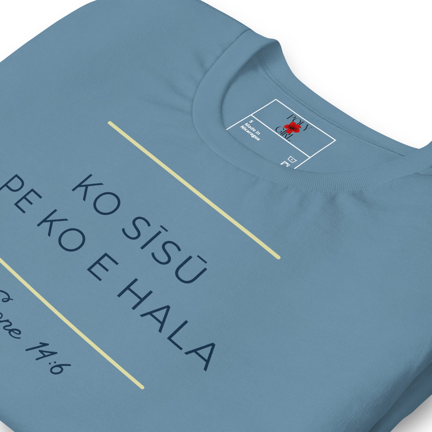 Front view of Poly Girl t-shirt with Jesus is the way printed in Tongan