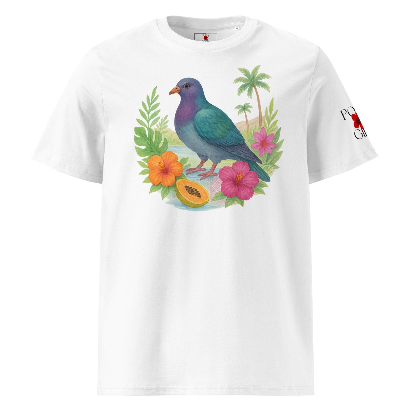 Front view of Tshirt of pigeon’s colorful feathers and the vivid orange and pink hibiscus blossoms that highlight the design.