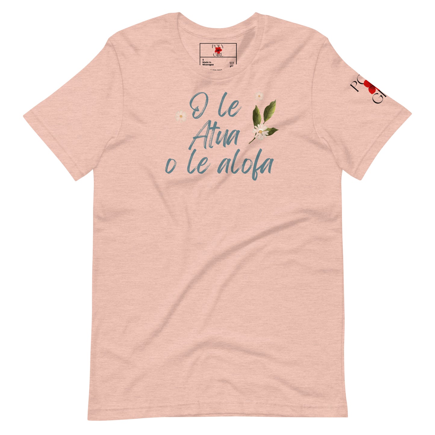 God is love tshirt design written in Samoan on front of peach colored shirt
