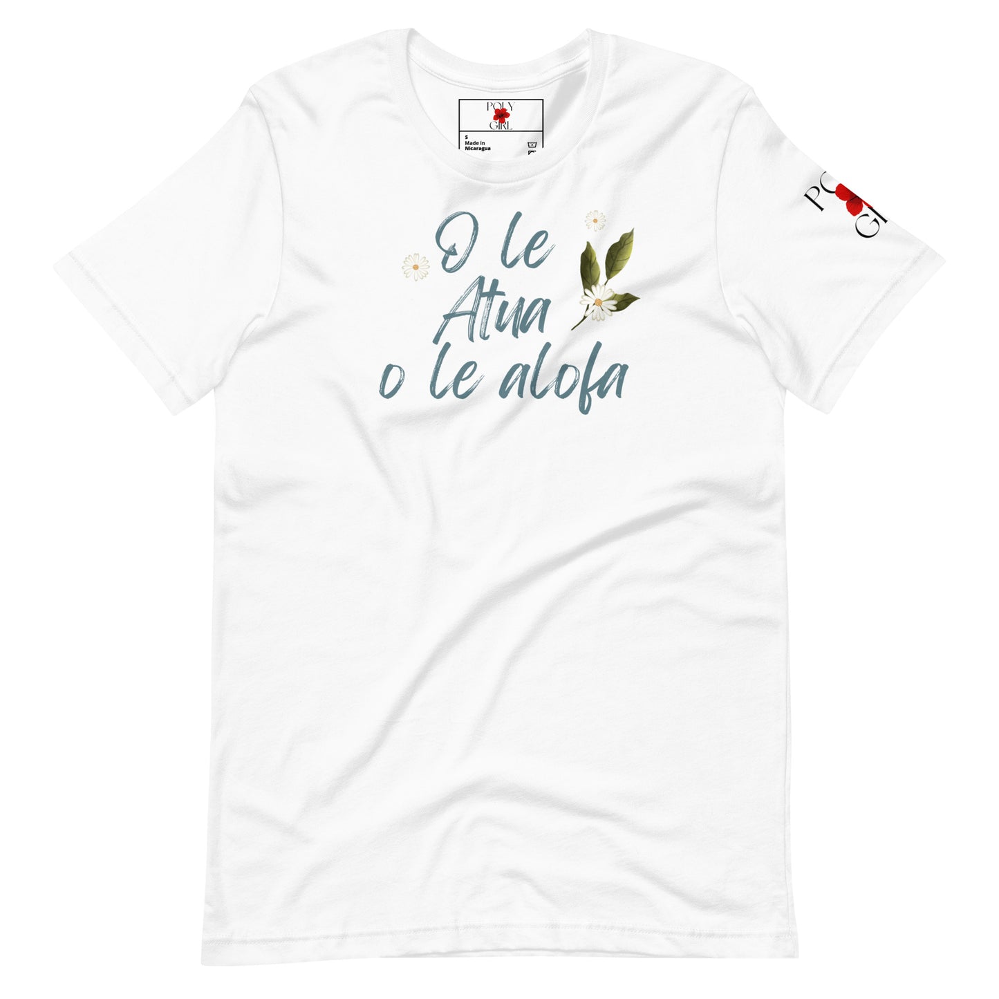 White tshirt with O le Atua o le alofa written on the front