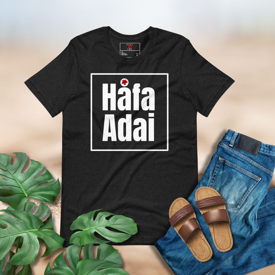 Black Tshirt with design of Guam greeting, Hafa_Adai_Tshirt on the front by Poly Girl, The Island Girl's Brand