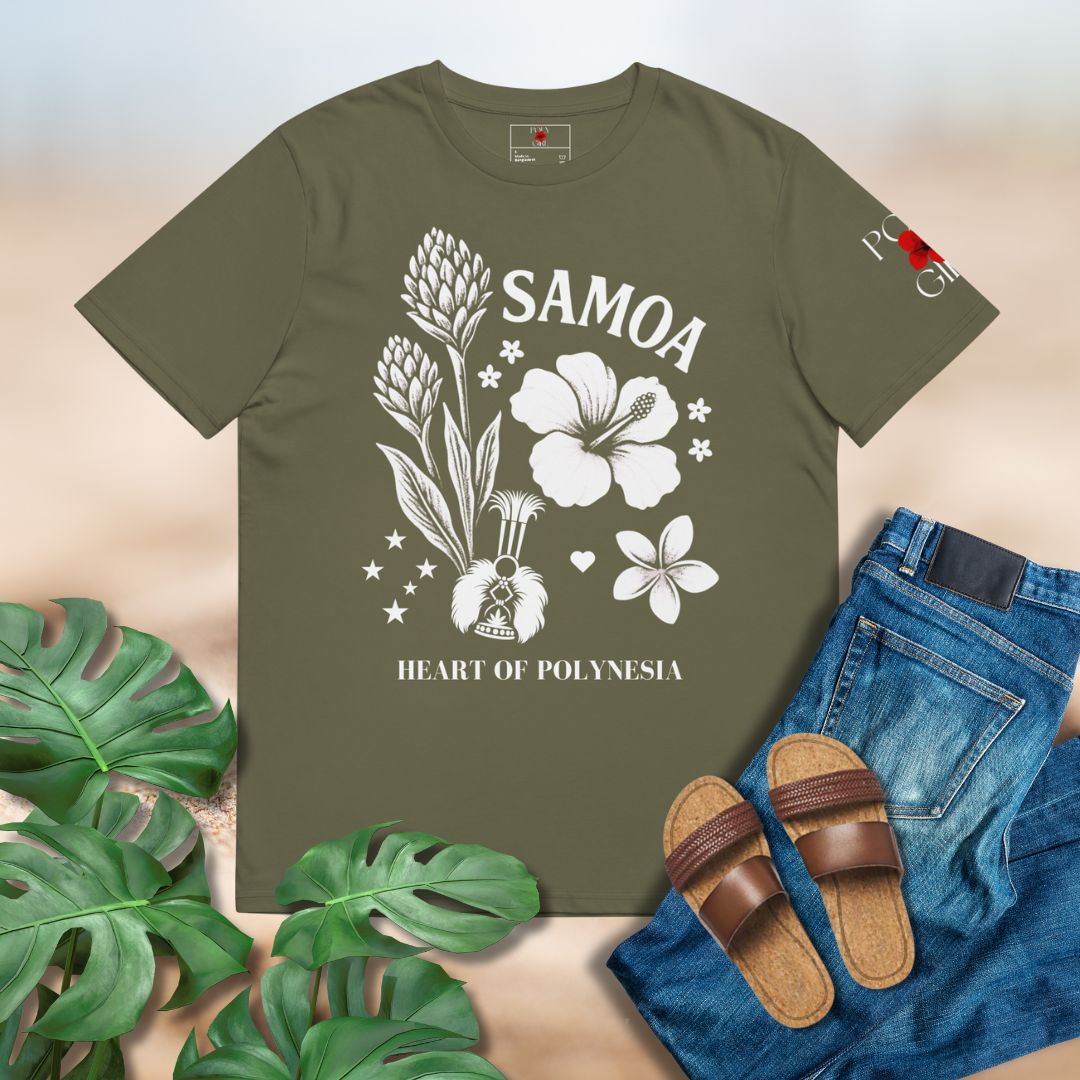 Green t-shirt with 'Samoa' and floral design, surrounded by jeans, sandals, and leaves.