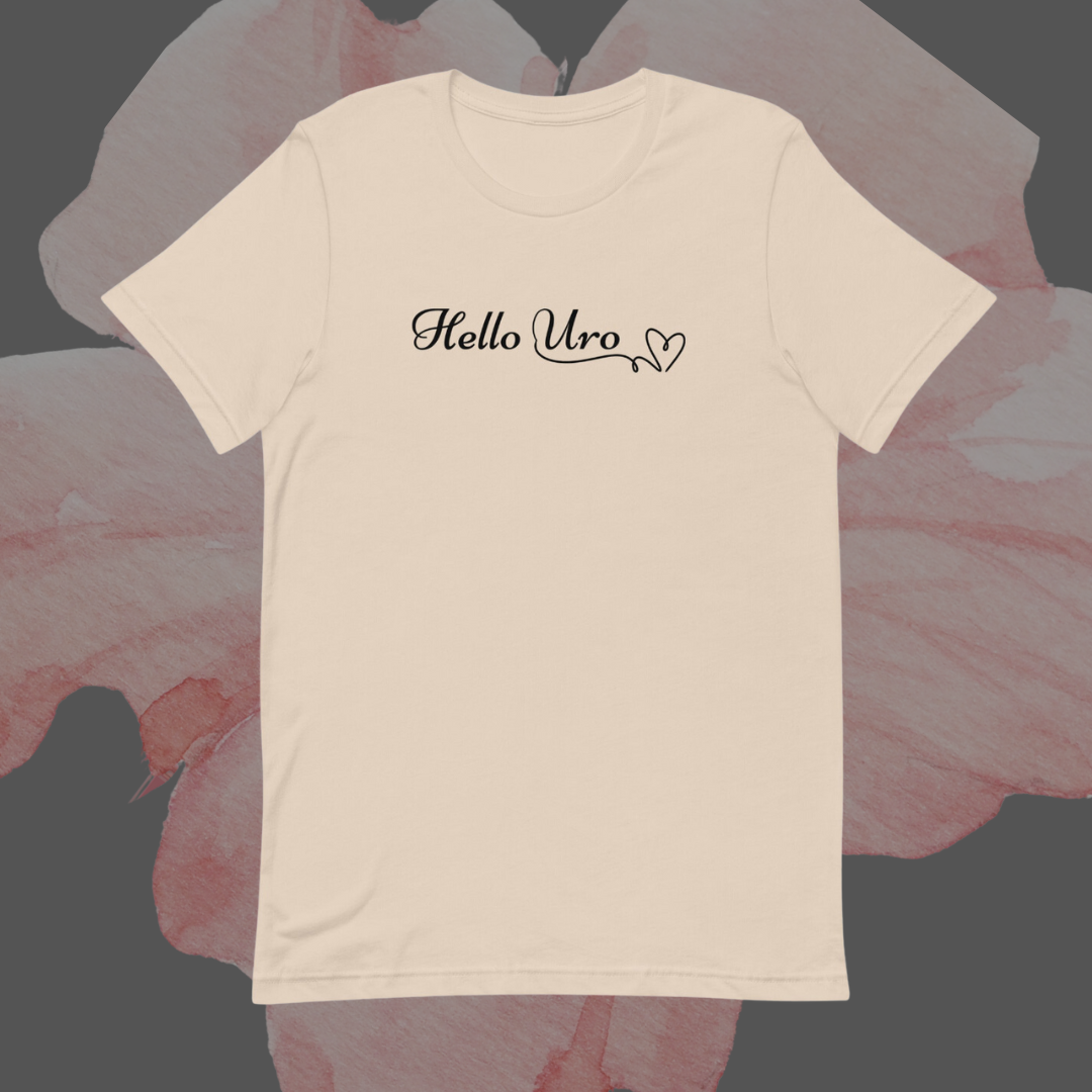 Beige t-shirt with the greeting Hello Uro on front - flat lay mockup.