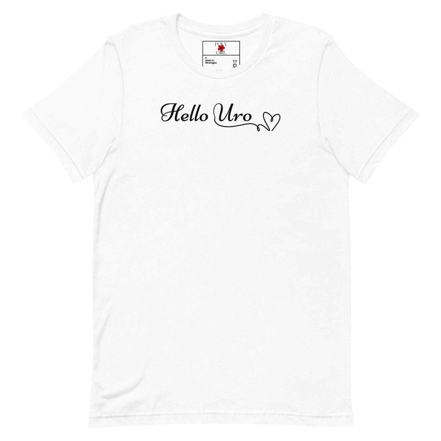 Product mockup of Hello Uro t-shirt on white t-shirt with black writing