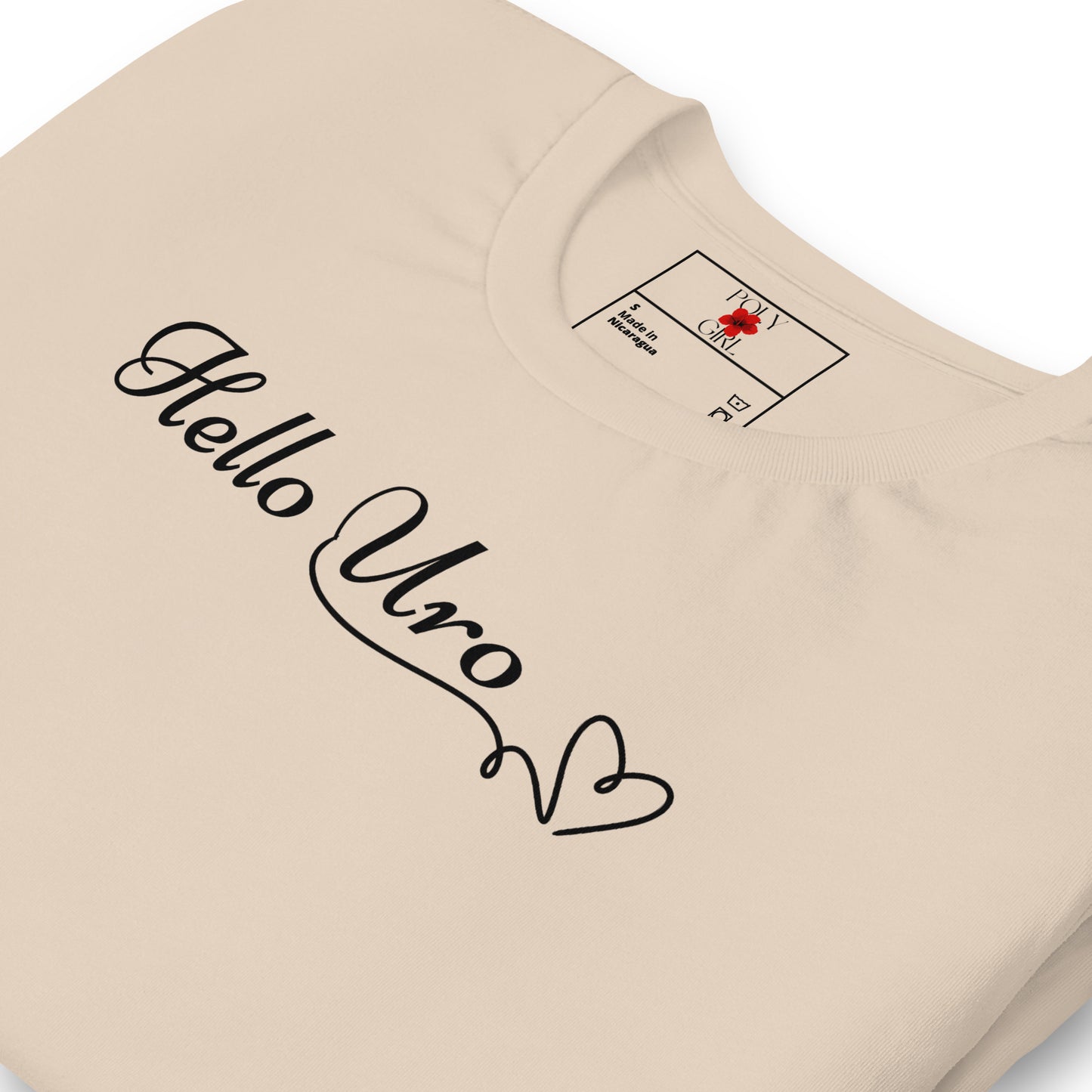 Product mockup of Hello Uro t-shirt in beige color.