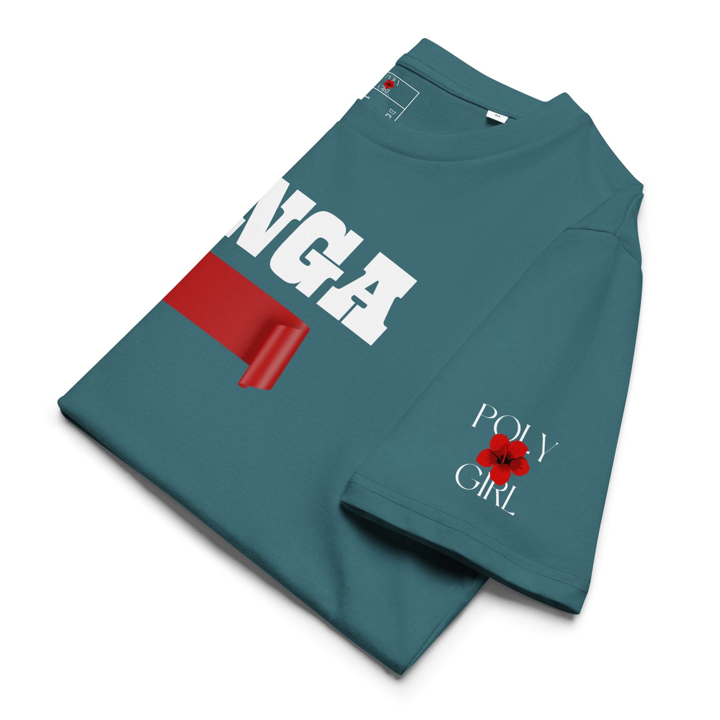 Heritage tee featuring Tongan flag and Poly Girl logo