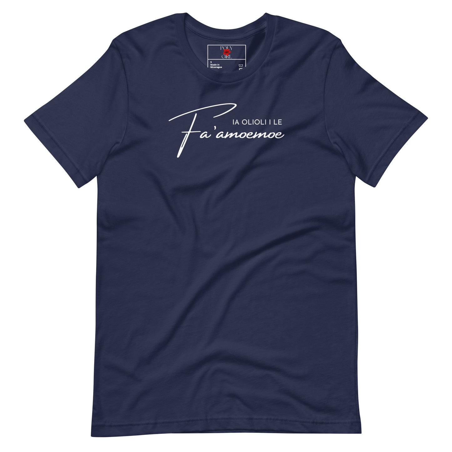 Ia olioli i le fa'amoemoe on blue tshirt by Poly Girl - front view