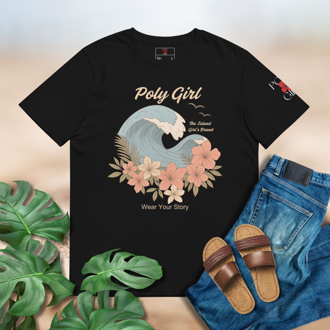 Black tshirt with Poly Girl wave with flowers and The Island Girl's brand printed on the front.