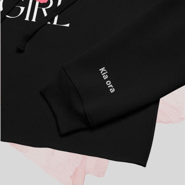 Kia_Ora_on_sleeve embroidery cropped hoodie