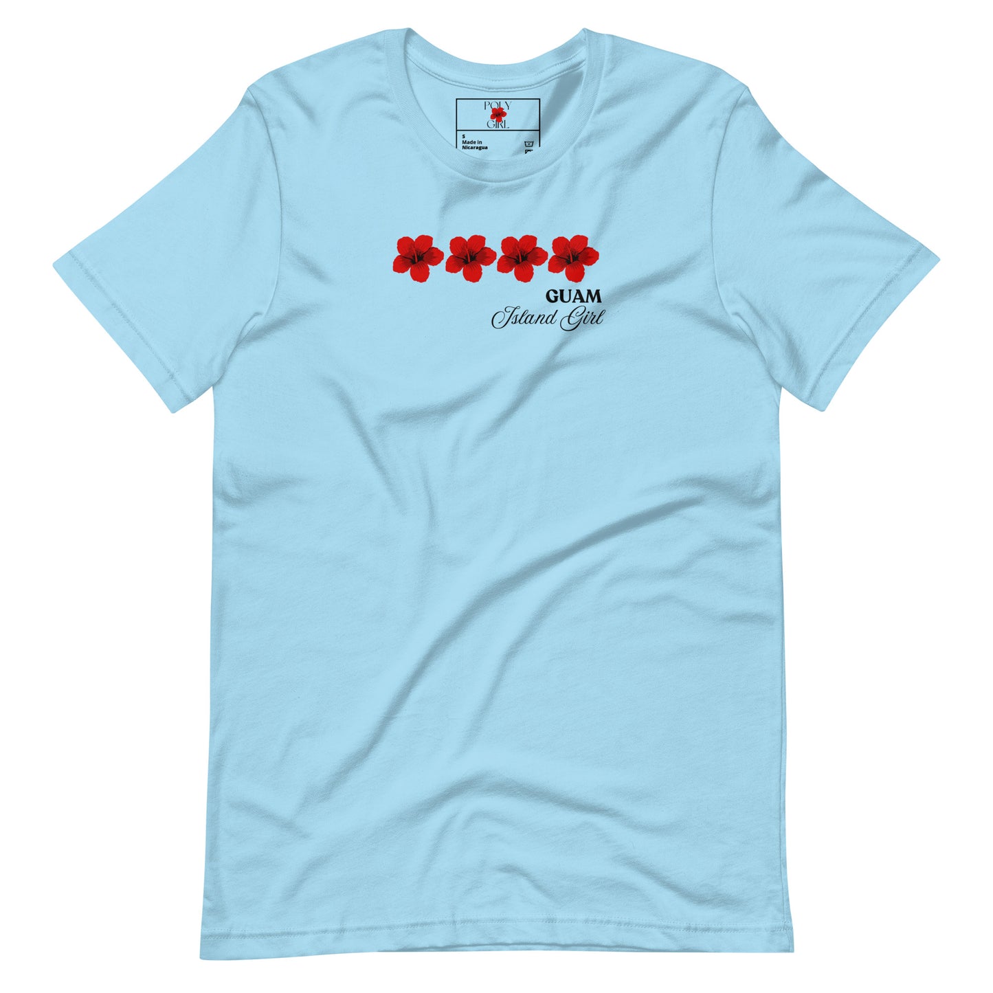 Ladies' Blue T-shirt with design Guam Island Girl and four hibiscus by Poly Girl