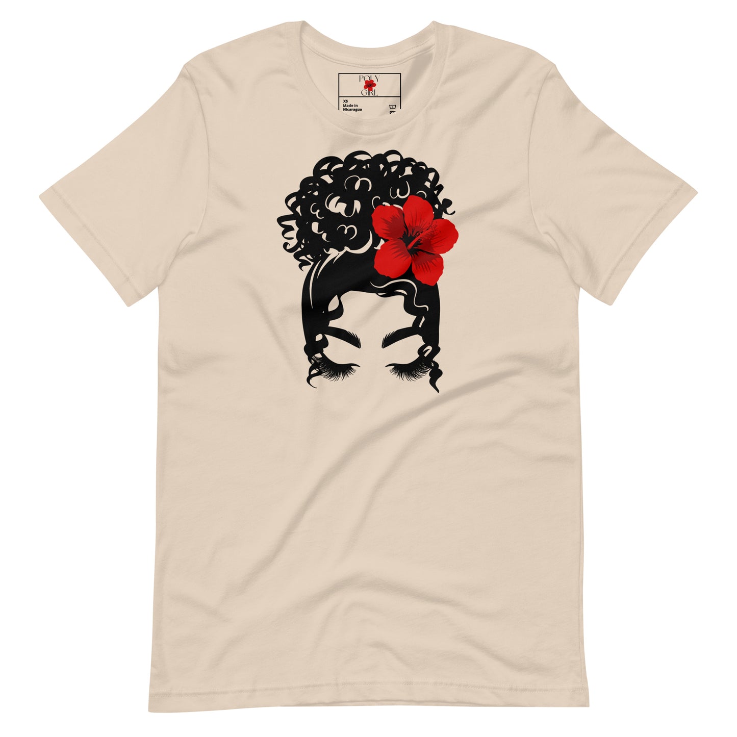 Ladies' beige t-shirt of a woman with an updo and red hibiscus in her hair