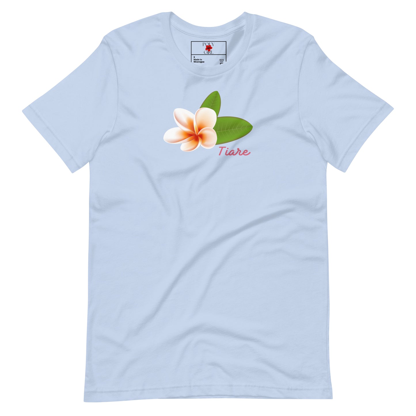 Ladies' blue t-shirt with a design of a tiare flower.