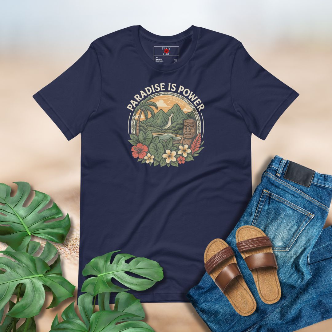 Paradise is Power T-shirt featuring island-inspired artwork and Polynesian tattoo motifs by Poly Girl
