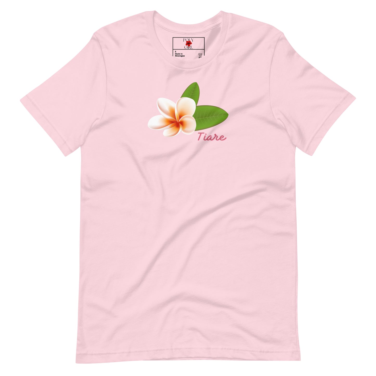 Ladies' pink t-shirt with a tiare flower by Poly Girl