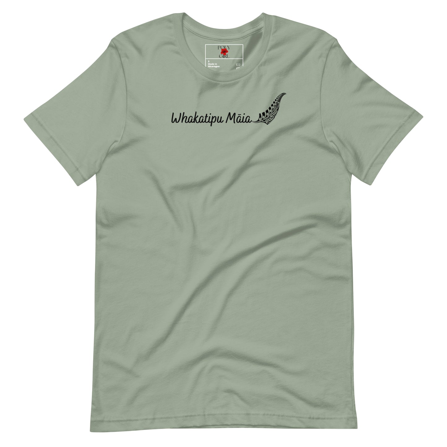 Ladies' t-shirt in sage color by Poly Girl with Whakatipu Maia printed on the front