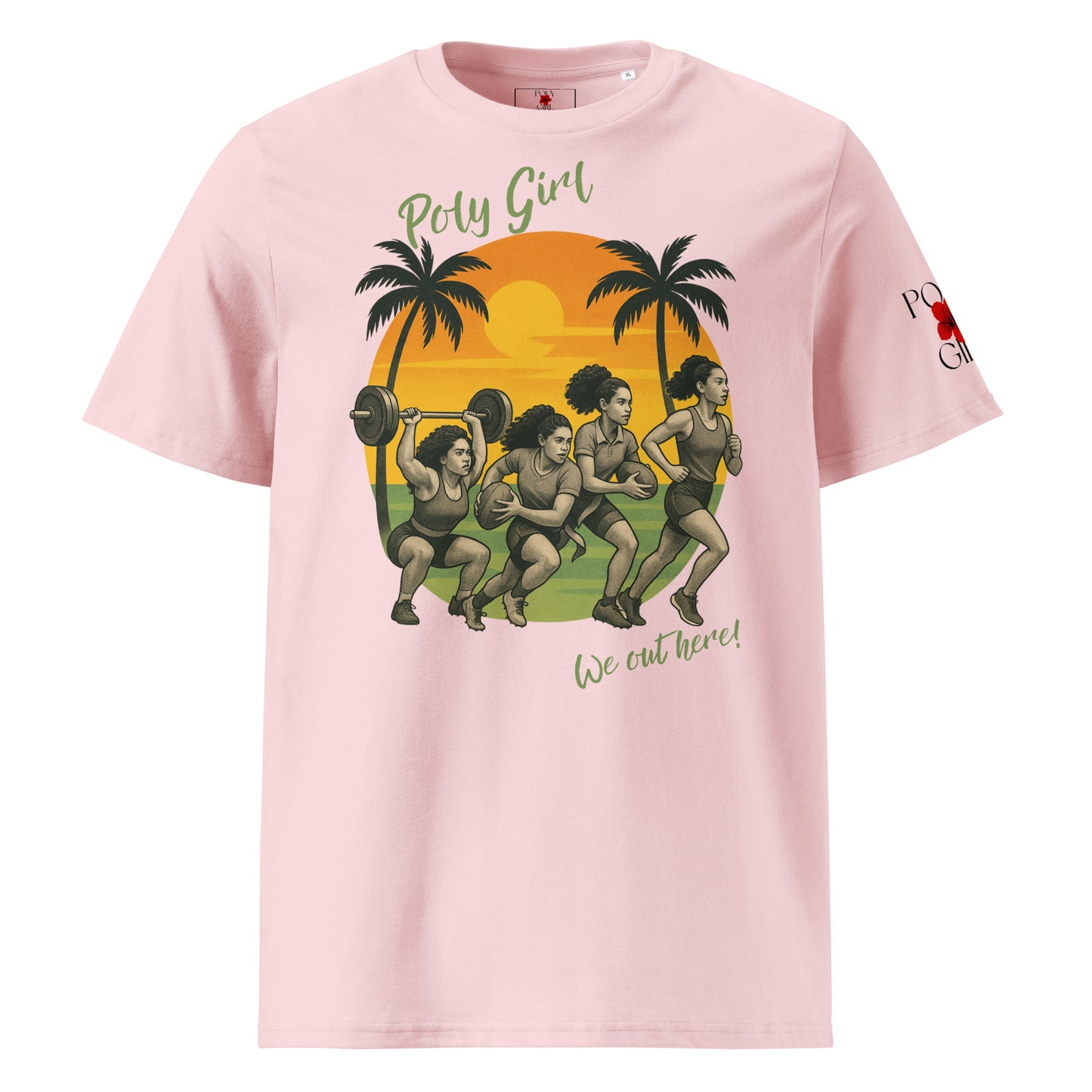 Front tshirt design on Pacific Island weight lifter, rugby player, flag football athlete, and runner by Poly Girl, The Island Girl's brand.