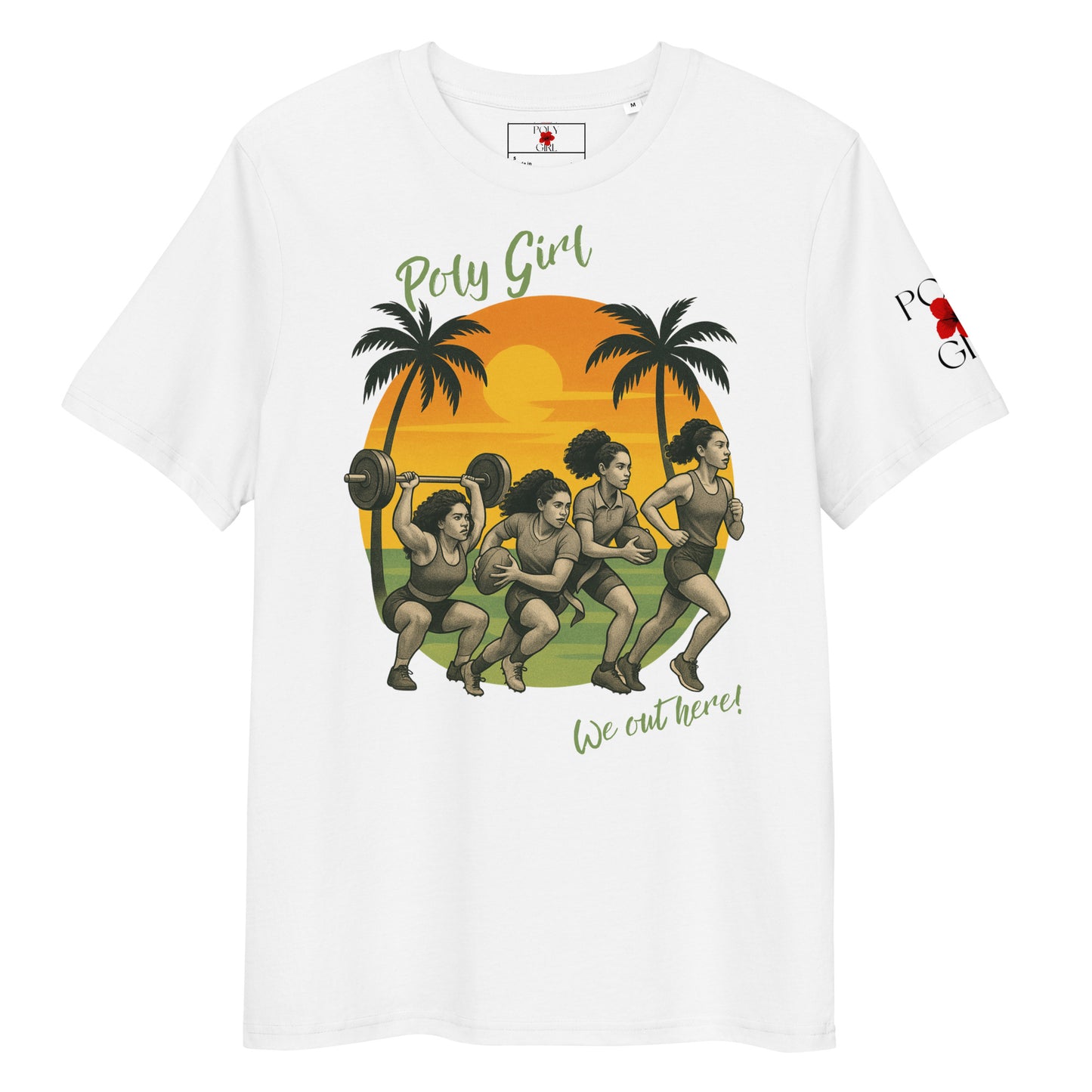 Front view of white tshirt with design of women athlete by Poly Girl, The Island Girl's Brand