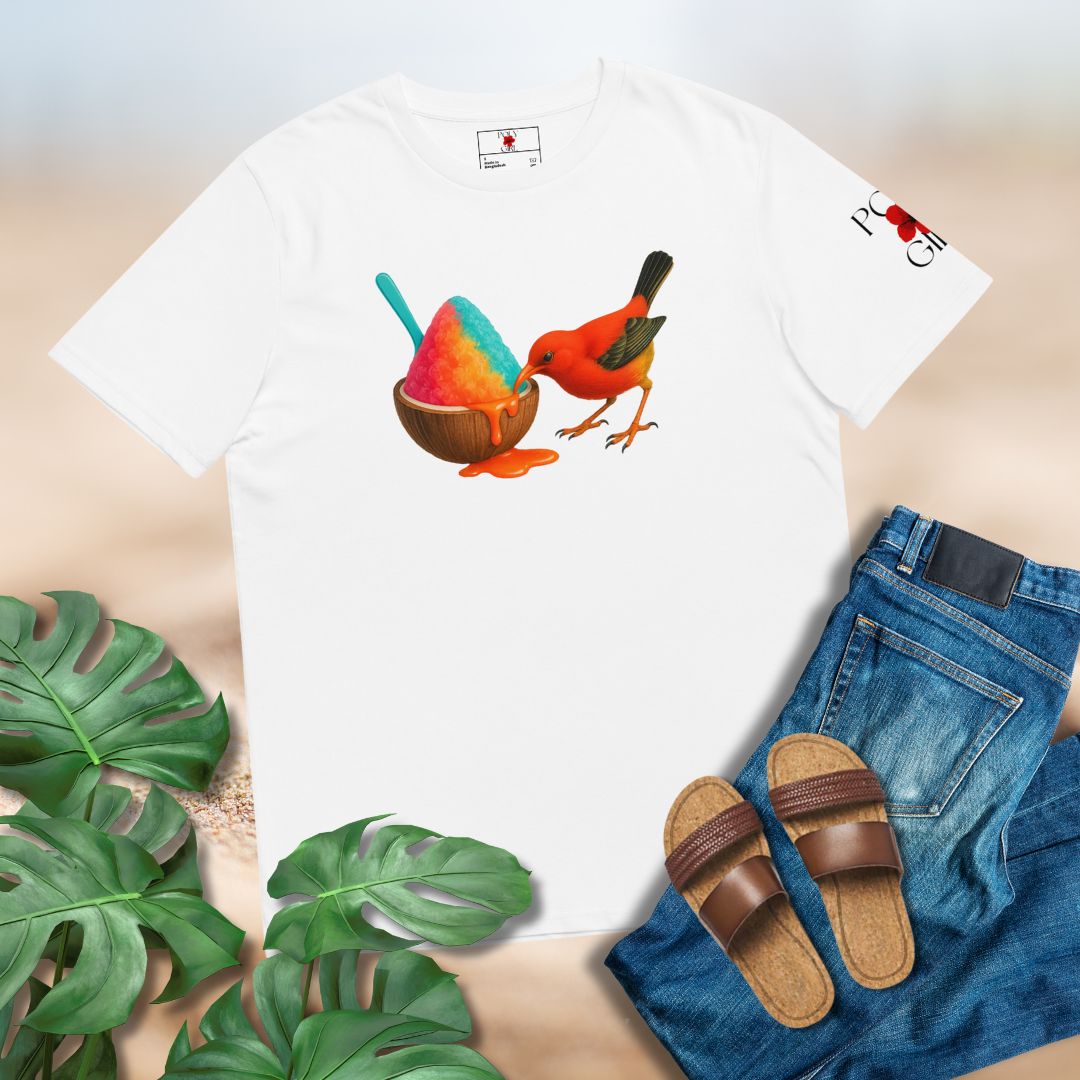 White tshirt with image of a bird eating shave ice by Poly Girl