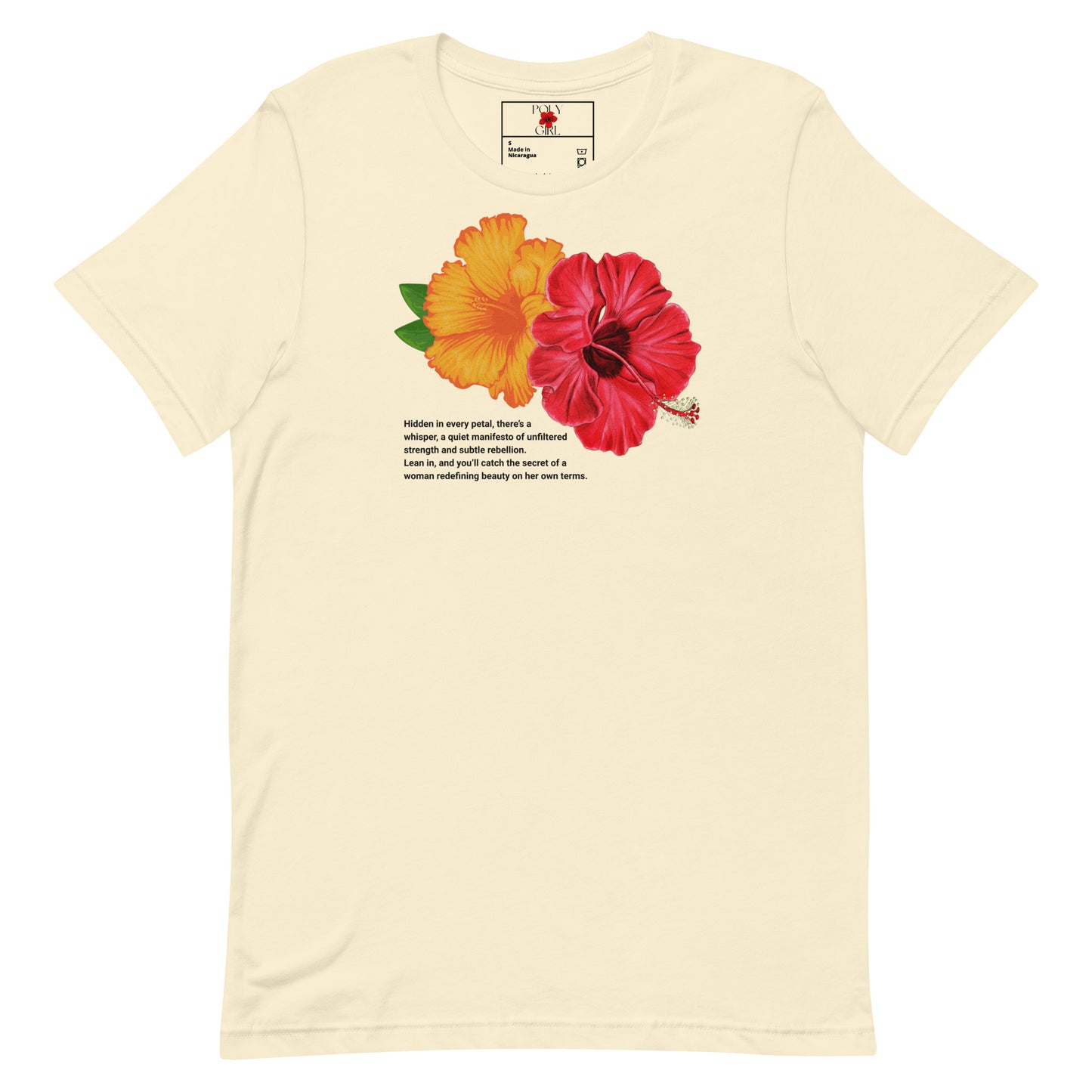 Ladies' tshirt with two hibiscus flowers by Poly Girl in yellow