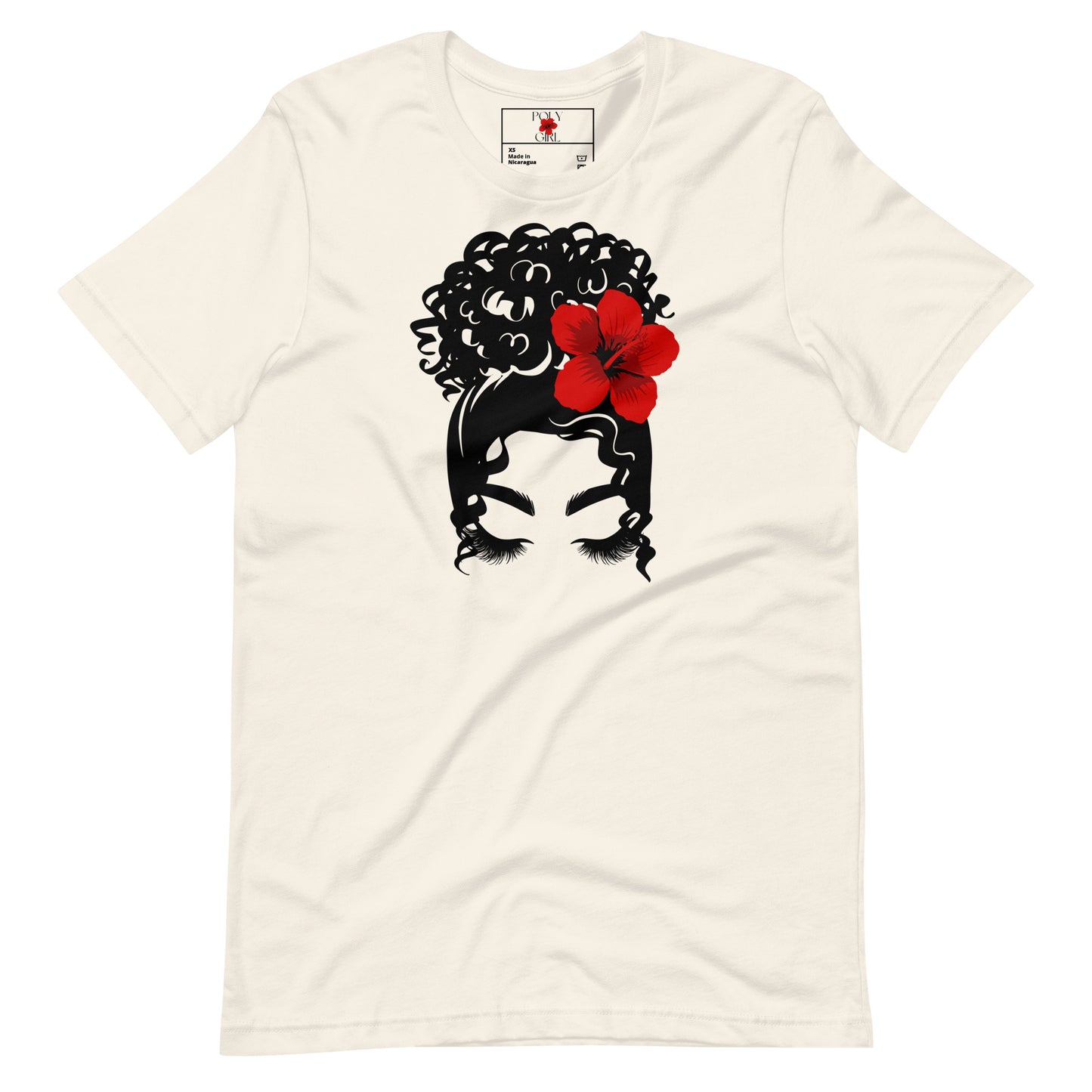 Ladies' vintage white t-shirt of a woman with an updo and red hibiscus in her hair