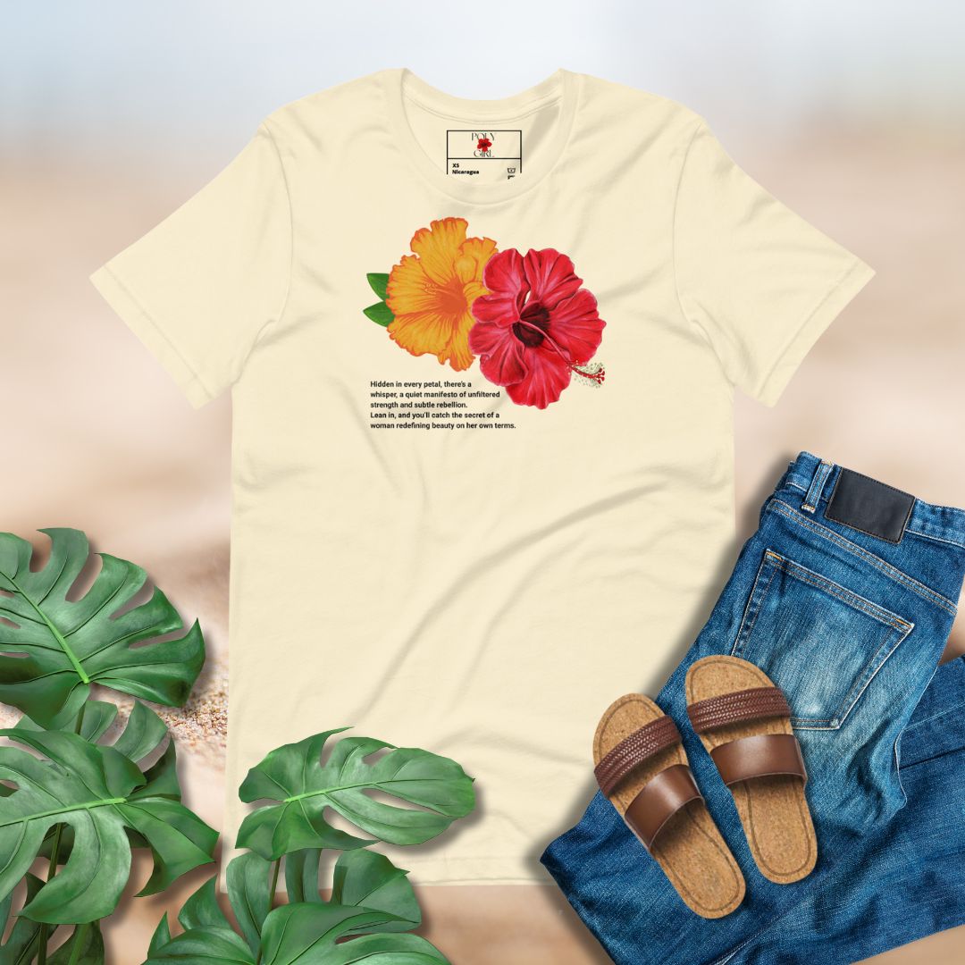 Ladies' tshirt with two hibiscus flowers by Poly Girl in yellow