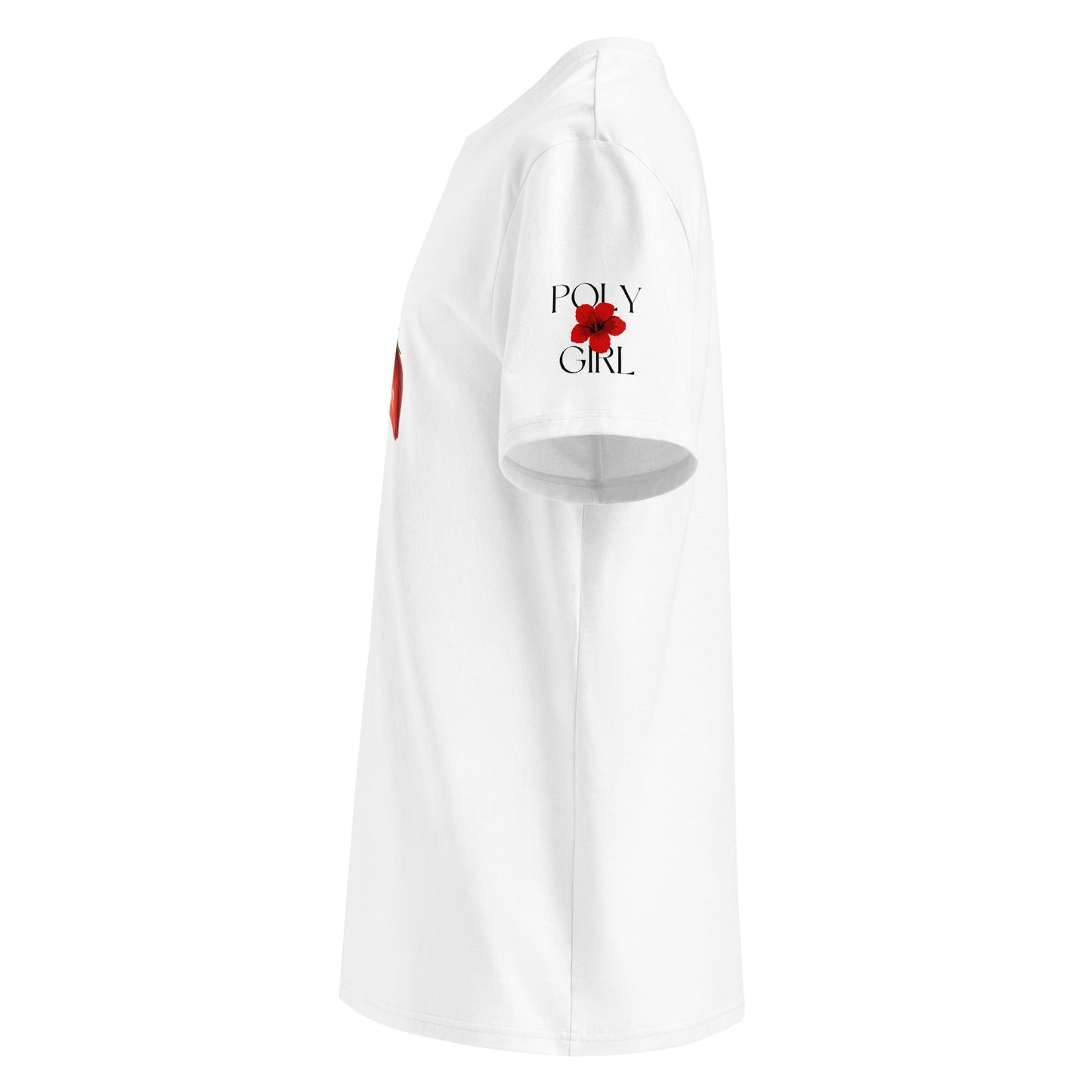 Left sleeve view of Poly Girl white tshirt